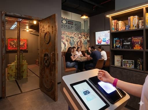 Our venue – teams collaborating in our escape room space