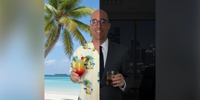Brian in two modes - at a tropical island and in a suit